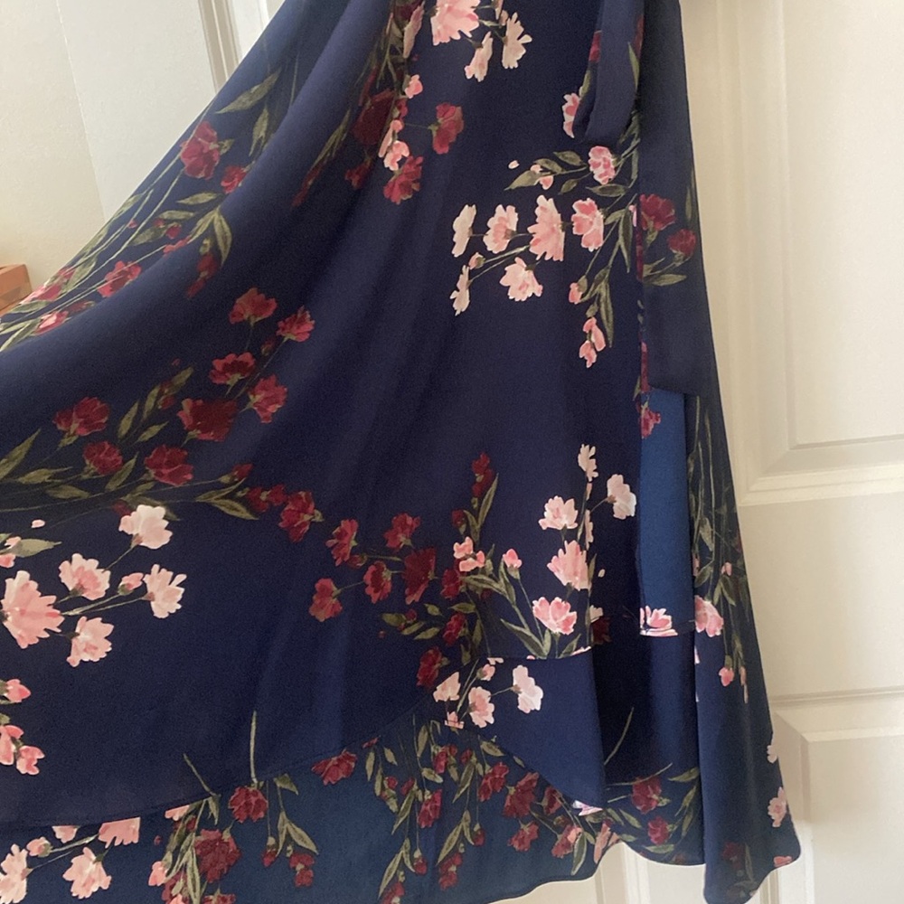 DKNY Midi Floral Dress Size 4 Flutter Sleeve Tie Waist Navy Easter Garden Party - Picture 14 of 15
